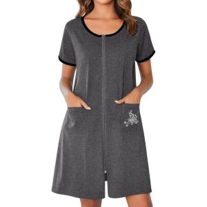 Ekouaer Zip Up Robes for Women Short Sleeves Zipper House Coat Short Bathrobes Lightweight Nightgown with Pockets S-3XL(Dark Gray)