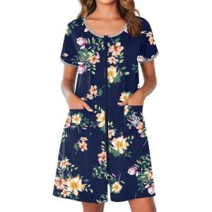 Ekouaer Zip Up Robes for Women Short Sleeves Zipper House Coat Short Bathrobes Lightweight Nightgown with Pockets S-3XL(Floral Navy)