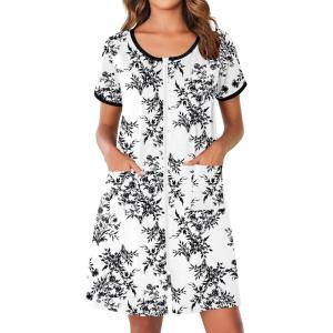 Ekouaer Zip Up Robes for Women Short Sleeves Zipper House Coat Short Bathrobes Lightweight Nightgown with Pockets S-3XL(Floral White)