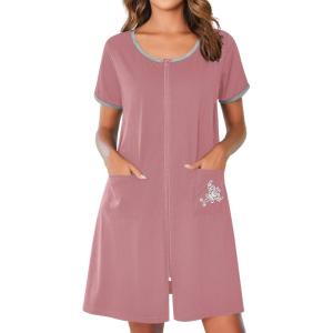 Ekouaer Zip Up Robes for Women Short Sleeves Zipper House Coat Short Bathrobes Lightweight Nightgown with Pockets S-3XL(Gray Purple)