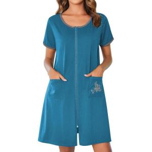 Ekouaer Zip Up Robes for Women Short Sleeves Zipper House Coat Short Bathrobes Lightweight Nightgown with Pockets S-3XL(Peacock Blue)