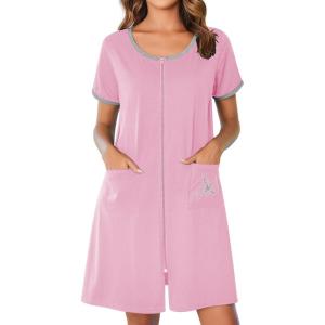 Ekouaer Zip Up Robes for Women Short Sleeves Zipper House Coat Short Bathrobes Lightweight Nightgown with Pockets S-3XL(Pink)