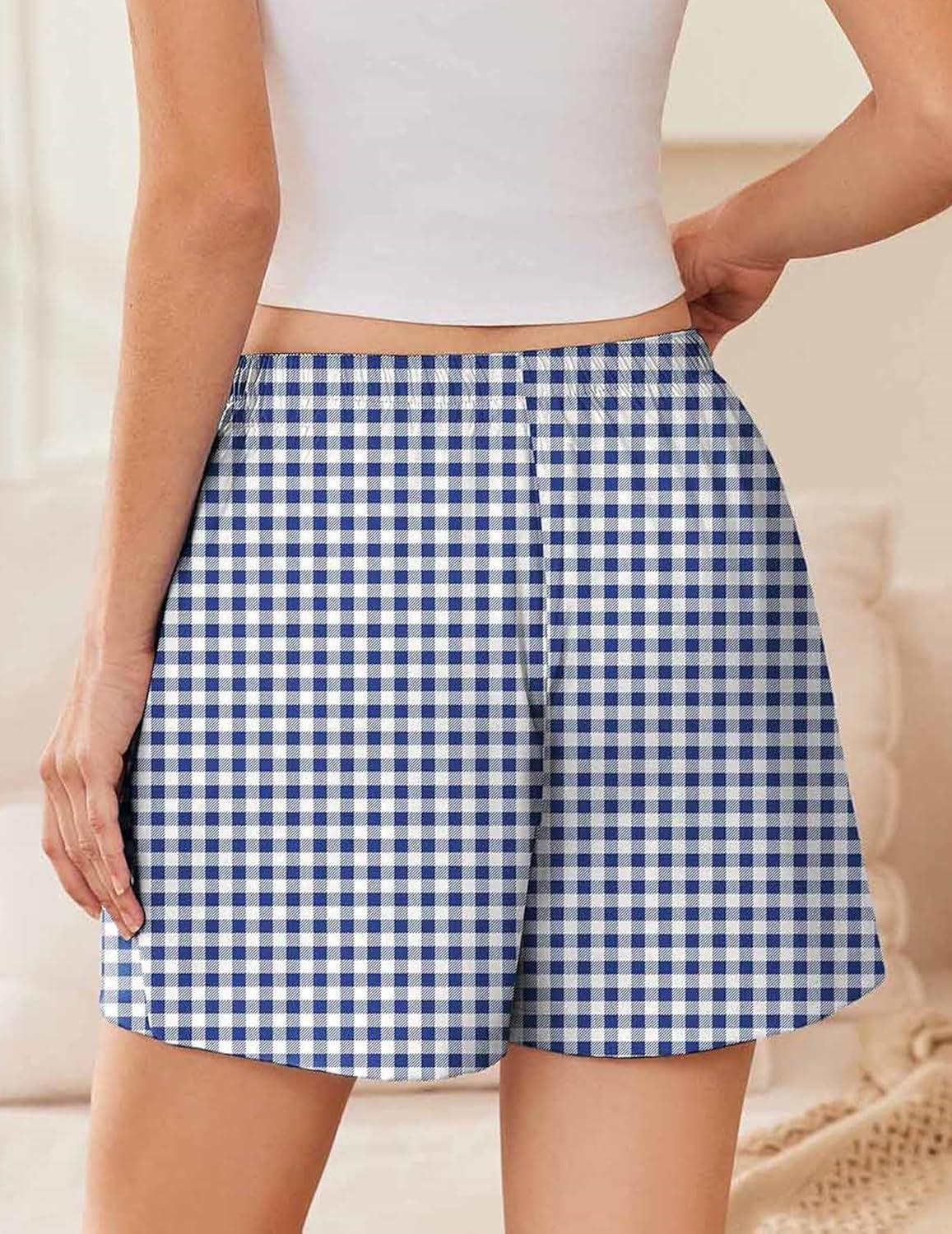 imageEKOUAER Womens Boxer Shorts Casual Lounge Summer Pants Y2K Beach Outfits with PocketsBlue White Plaid