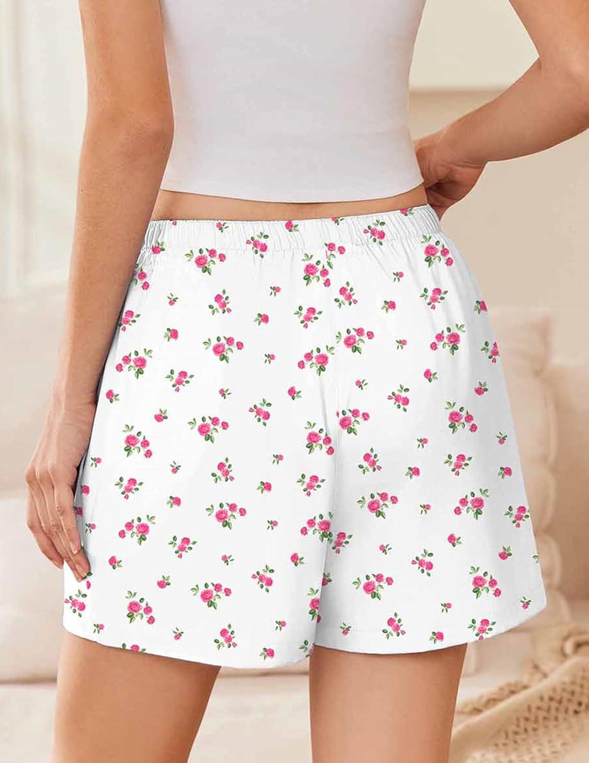 imageEKOUAER Womens Boxer Shorts Casual Lounge Summer Pants Y2K Beach Outfits with PocketsWhite Pink Flower