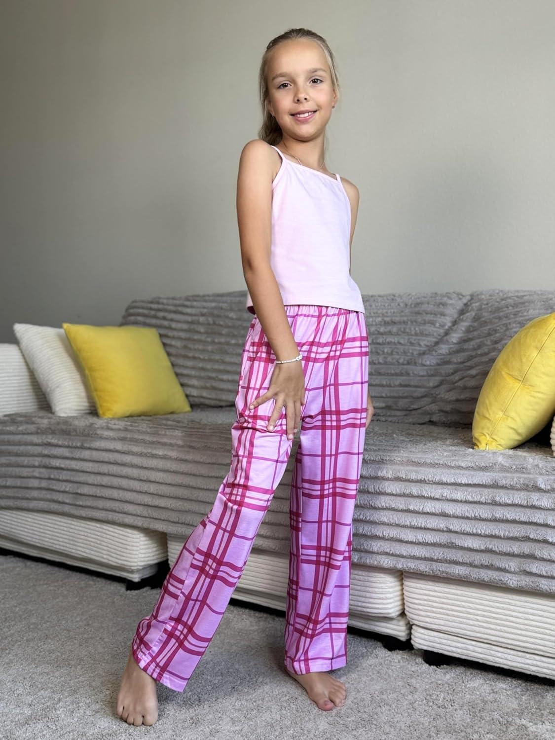 imageEkouaer Girls Soft Pajamas Pants Cute Print Pattern PJ Bottoms Comfortable Lounge Long Pants with 2 PocketsSmall Pink Plaid