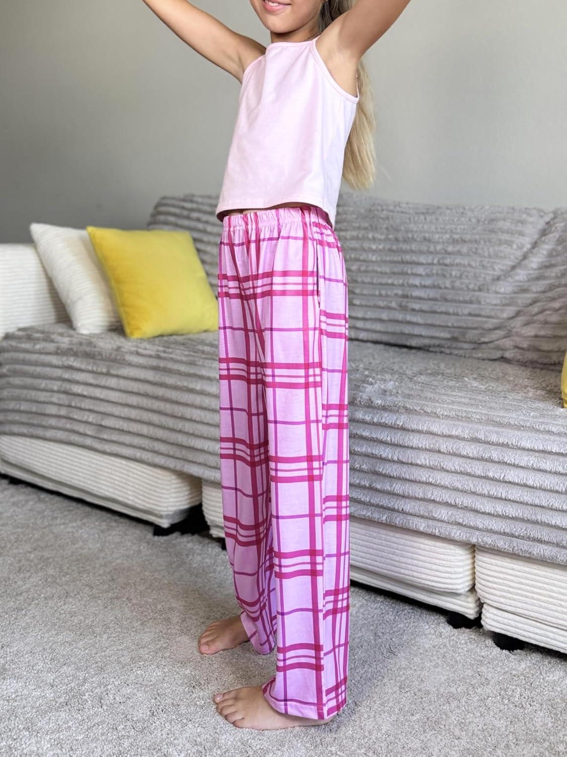 imageEkouaer Girls Soft Pajamas Pants Cute Print Pattern PJ Bottoms Comfortable Lounge Long Pants with 2 PocketsSmall Pink Plaid