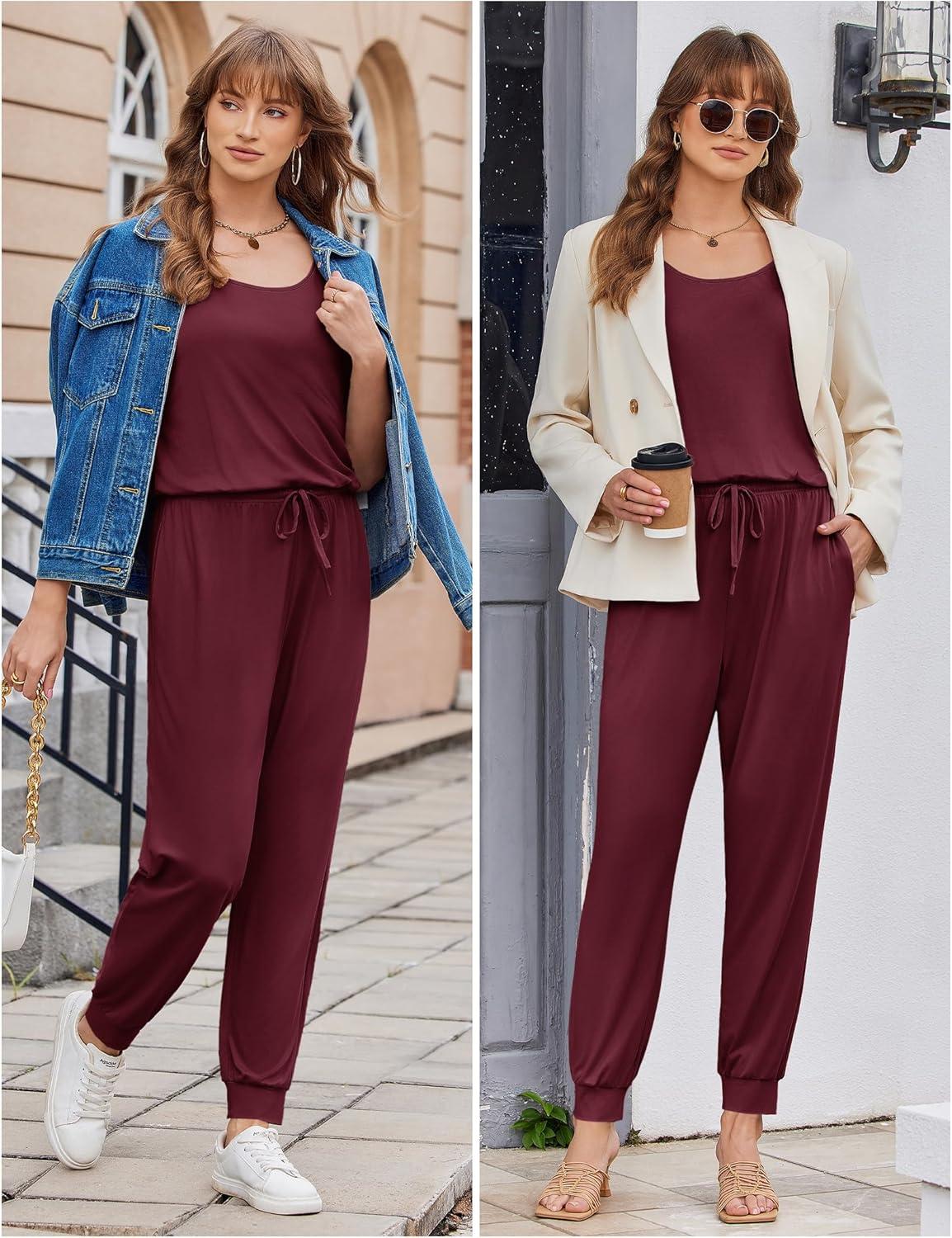 imageEkouaer Jumpsuits for Women Casual Sleeveless 2026 Summer Romper Dressy Vacation One Piece Outfits Fashion Travel ClothesBurgundy