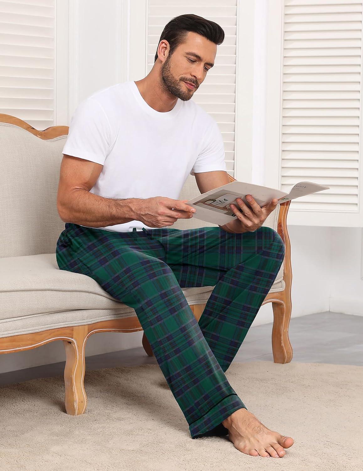 imageEkouaer Mens Pajama Pants Sleepwear Soft Pjs Bottoms Sleep Lounge Long Pant with Drawstring amp PocketsBlue Green Plaid