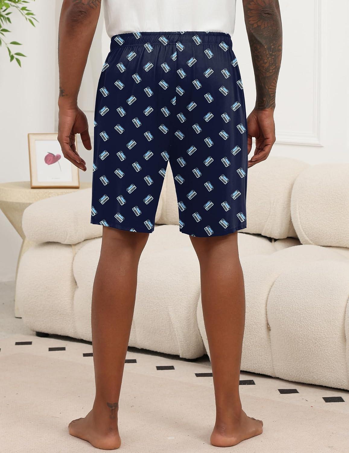 imageEkouaer Mens Pajama Shorts Soft Sleepwear Bottoms Elastic Waistband Loungewear Breathable Men Shorts with PocketsBlack and Navy Blue Print