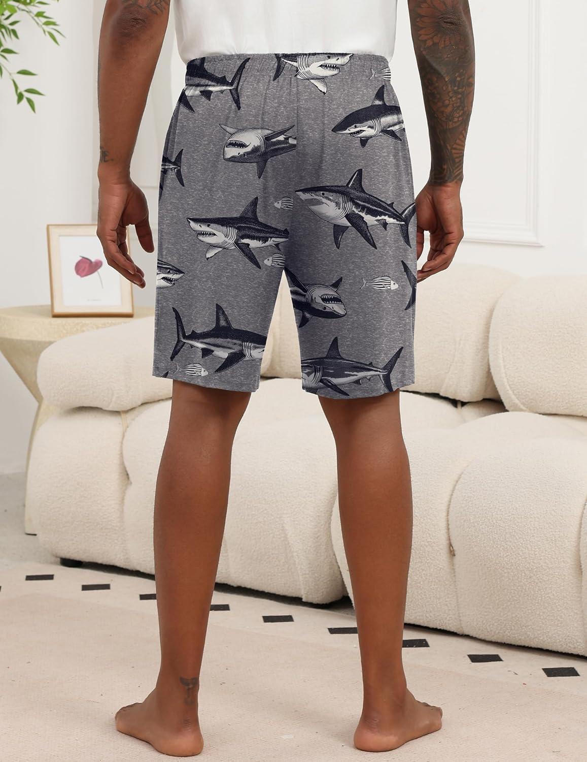 imageEkouaer Mens Pajama Shorts Soft Sleepwear Bottoms Elastic Waistband Loungewear Breathable Men Shorts with PocketsBlue Print and Gray Shark