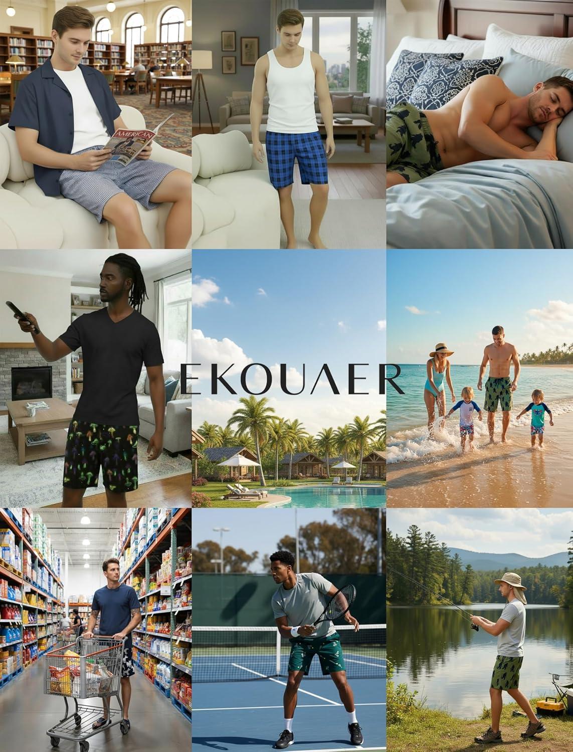 imageEkouaer Mens Pajama Shorts Soft Sleepwear Bottoms Elastic Waistband Loungewear Breathable Men Shorts with PocketsBlue Print and Gray Shark