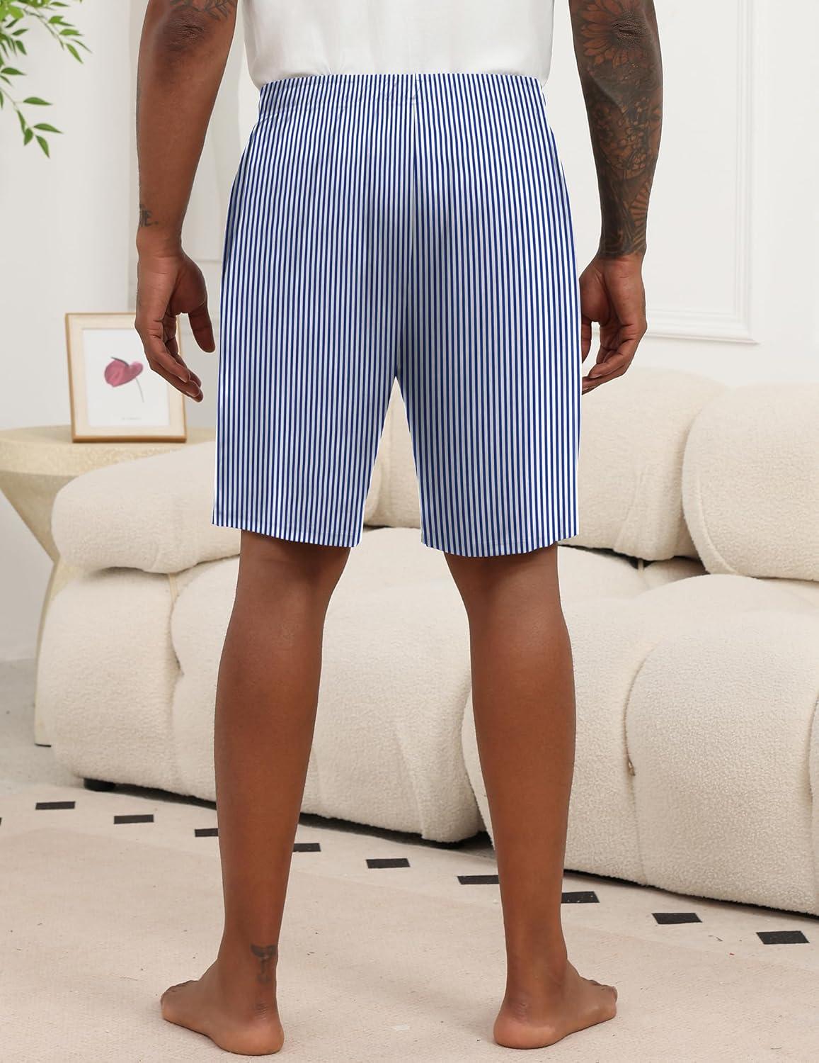 imageEkouaer Mens Pajama Shorts Soft Sleepwear Bottoms Elastic Waistband Loungewear Breathable Men Shorts with PocketsBlue and White Plaid Stripe