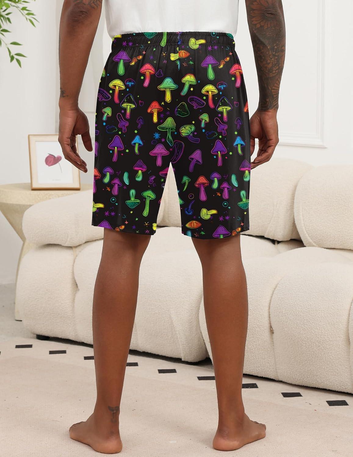 imageEkouaer Mens Pajama Shorts Soft Sleepwear Bottoms Elastic Waistband Loungewear Breathable Men Shorts with PocketsColorful Mushrooms and Solid Black