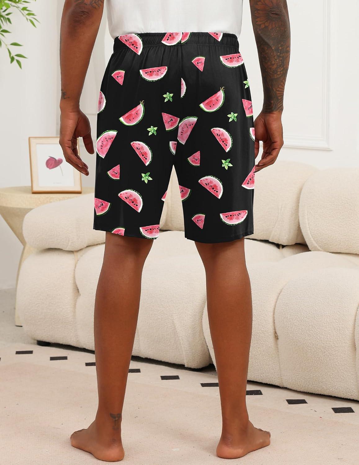 imageEkouaer Mens Pajama Shorts Soft Sleepwear Bottoms Elastic Waistband Loungewear Breathable Men Shorts with PocketsFruit Watermelon and Lemon