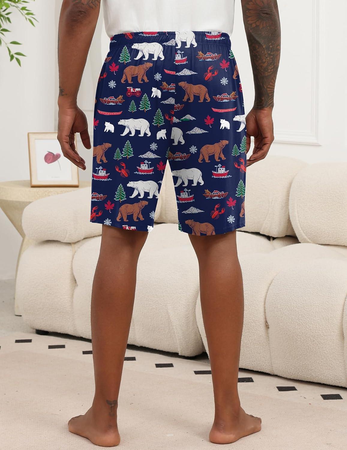 imageEkouaer Mens Pajama Shorts Soft Sleepwear Bottoms Elastic Waistband Loungewear Breathable Men Shorts with PocketsNavy Blue Animal and Bear Tree