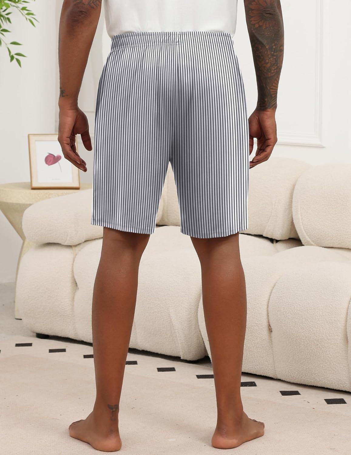 imageEkouaer Mens Pajama Shorts Soft Sleepwear Bottoms Elastic Waistband Loungewear Breathable Men Shorts with PocketsStripe and Dark Green Print