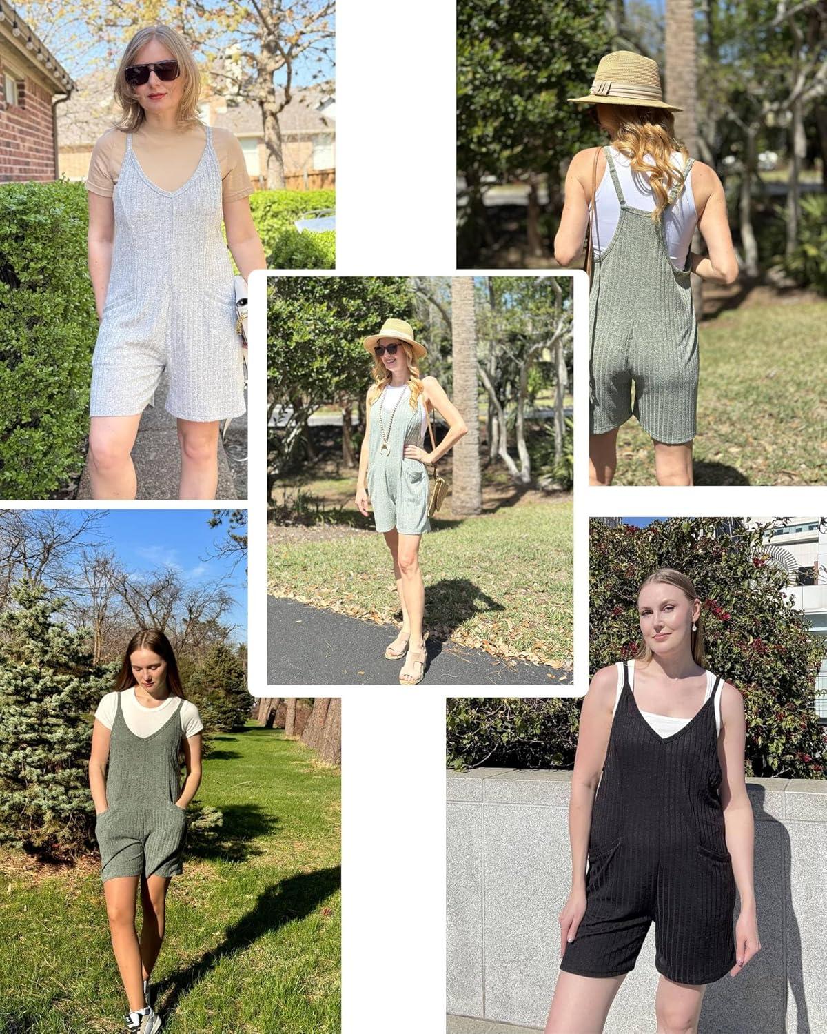 imageEkouaer Rompers for Women Summer Casual Sleeveless Spaghetti Strap Jumpsuit Ribbed Shorts Overalls with PocketsKhaki