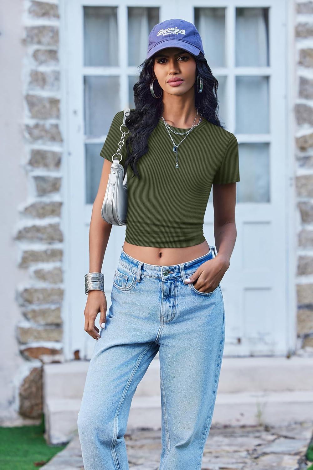 imageEkouaer Women Short Sleeve Shirts Lightweight Thermal Tops Ribbed Knitted Outfit Tees Soft Crew Neck Undershirt Basic ClothesArmy Green