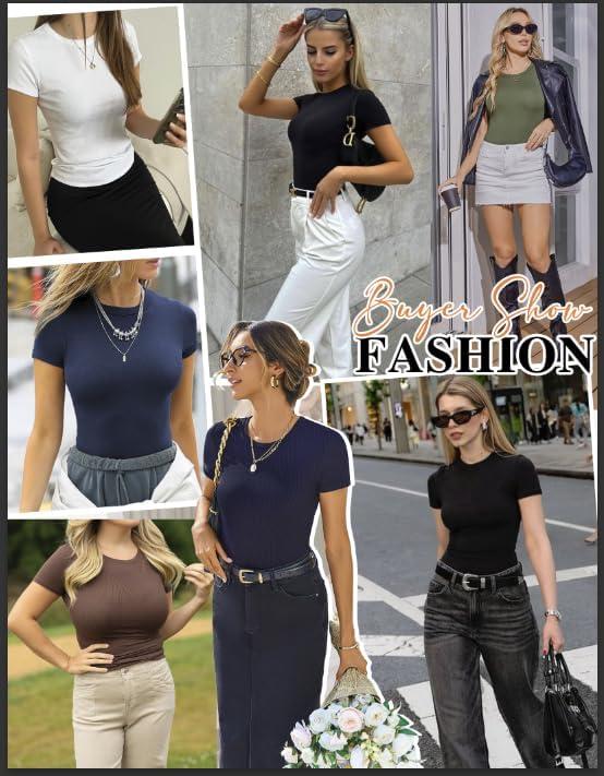 imageEkouaer Women Short Sleeve Shirts Lightweight Thermal Tops Ribbed Knitted Outfit Tees Soft Crew Neck Undershirt Basic ClothesLotus Color