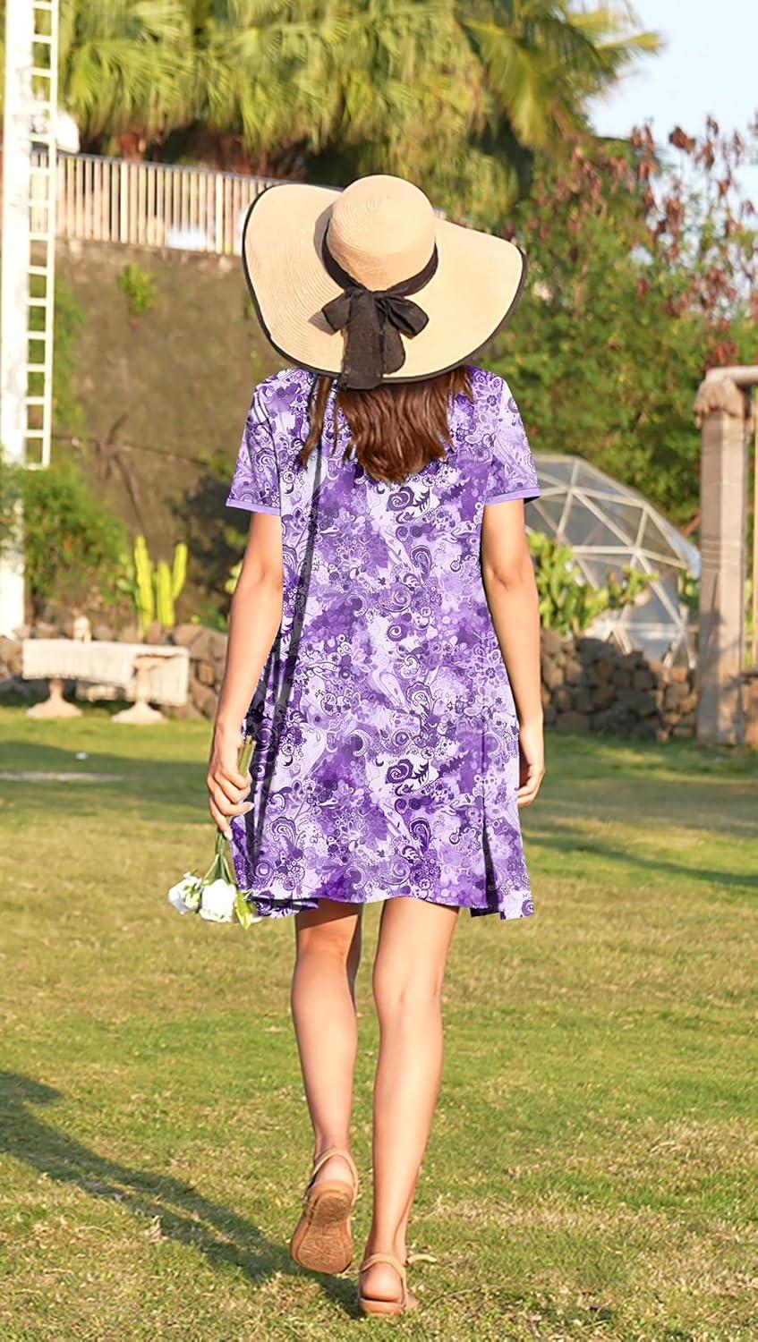 imageEkouaer Women Zipper Front House Coat Short Sleeves Robe Zip Up Bathrobes Short Nightgown with Pockets S3XLFloral Purple