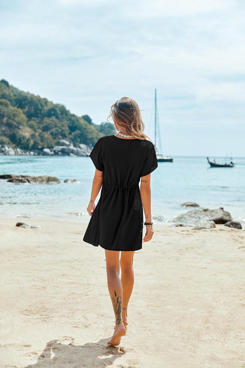 imageEkouaer Womens Cover Ups Casual Swimsuit Coverups Flowy Tie Waist Beach Cover Up DressBlack