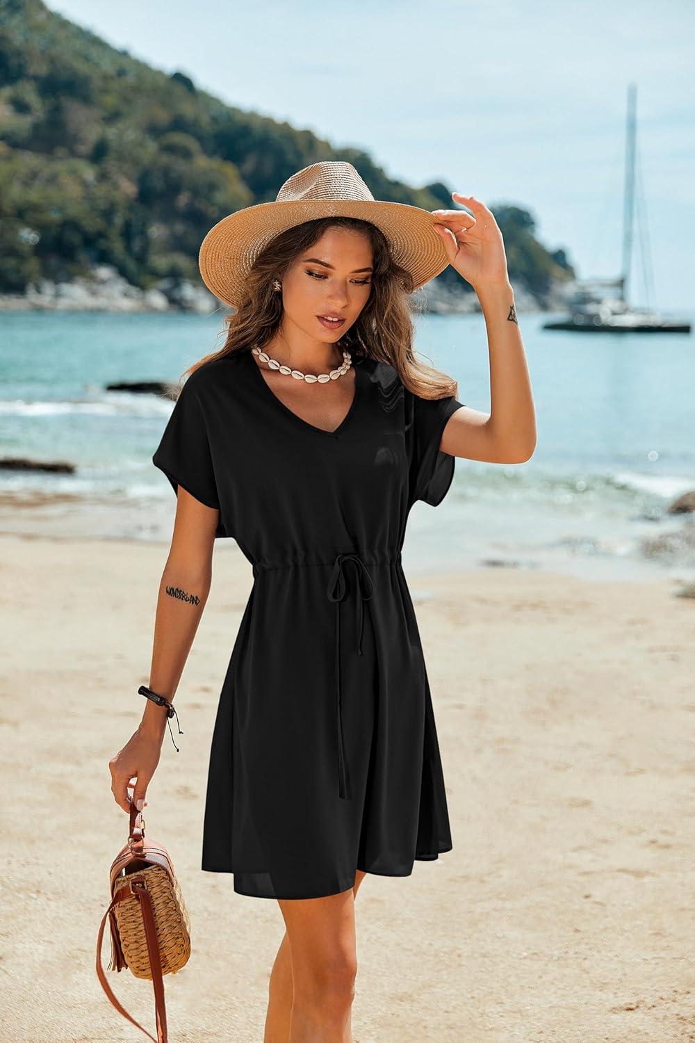 imageEkouaer Womens Cover Ups Casual Swimsuit Coverups Flowy Tie Waist Beach Cover Up DressBlack