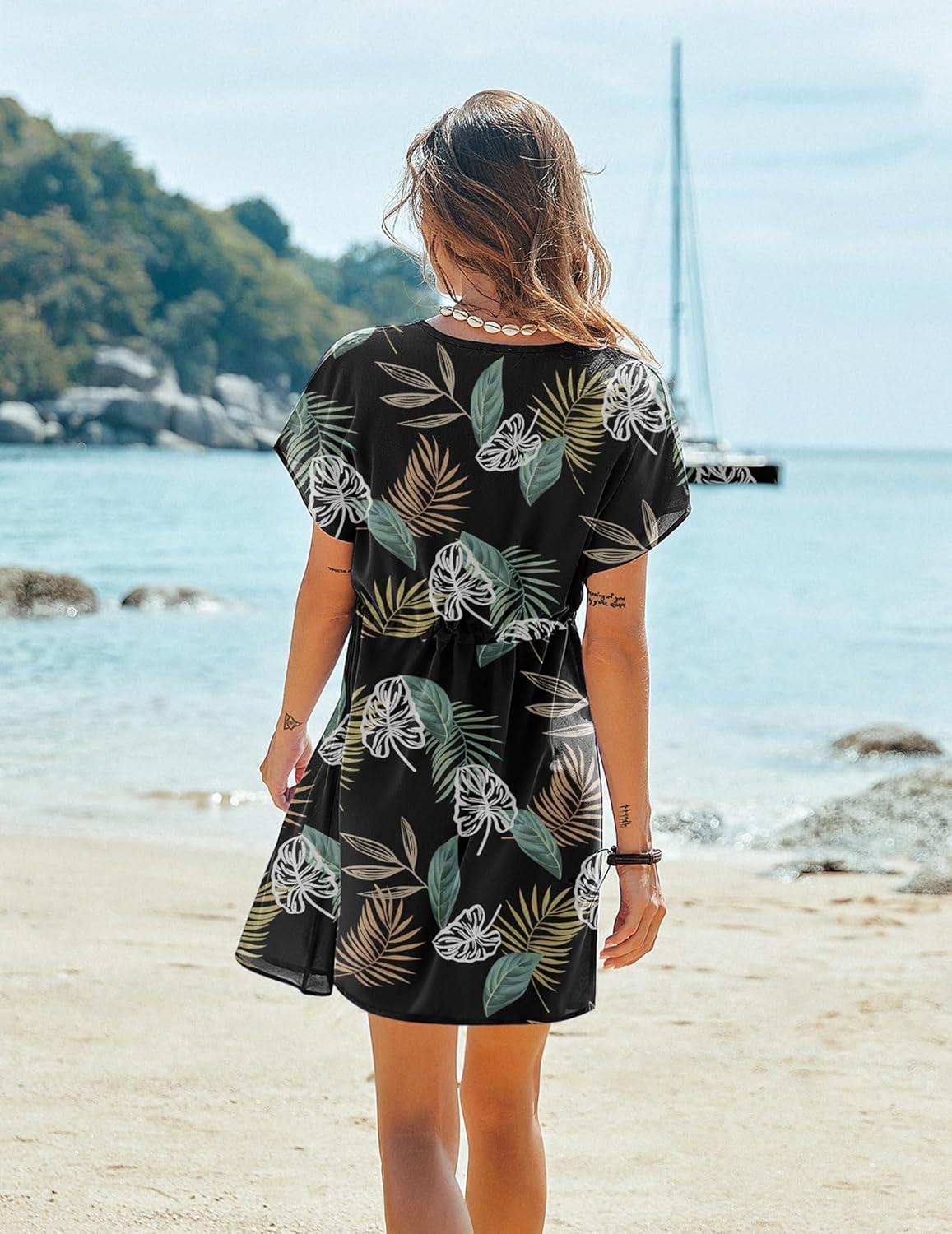 imageEkouaer Womens Cover Ups Casual Swimsuit Coverups Flowy Tie Waist Beach Cover Up DressBlack Leaf