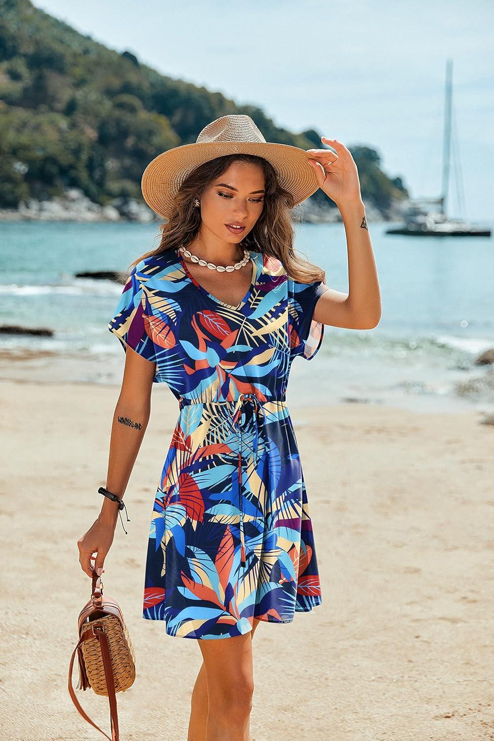 imageEkouaer Womens Cover Ups Casual Swimsuit Coverups Flowy Tie Waist Beach Cover Up DressColorful Leaf