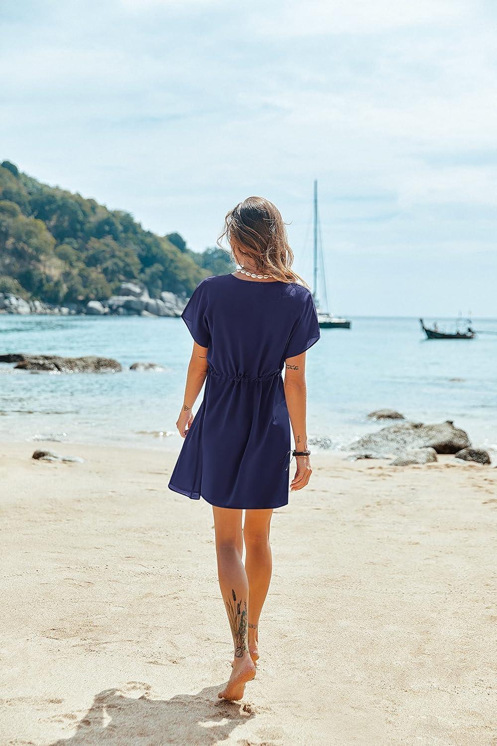 imageEkouaer Womens Cover Ups Casual Swimsuit Coverups Flowy Tie Waist Beach Cover Up DressNavy Blue