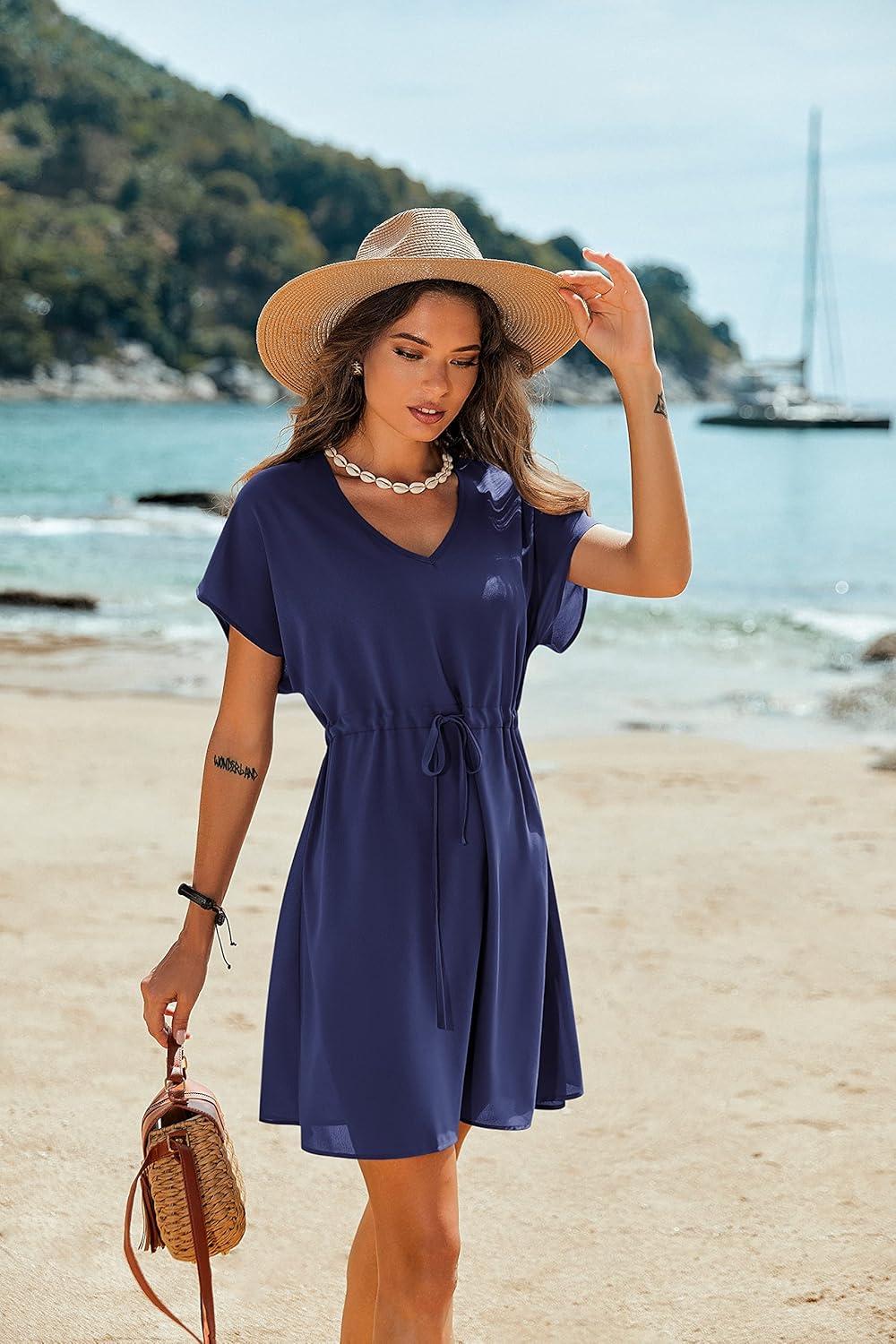 imageEkouaer Womens Cover Ups Casual Swimsuit Coverups Flowy Tie Waist Beach Cover Up DressNavy Blue