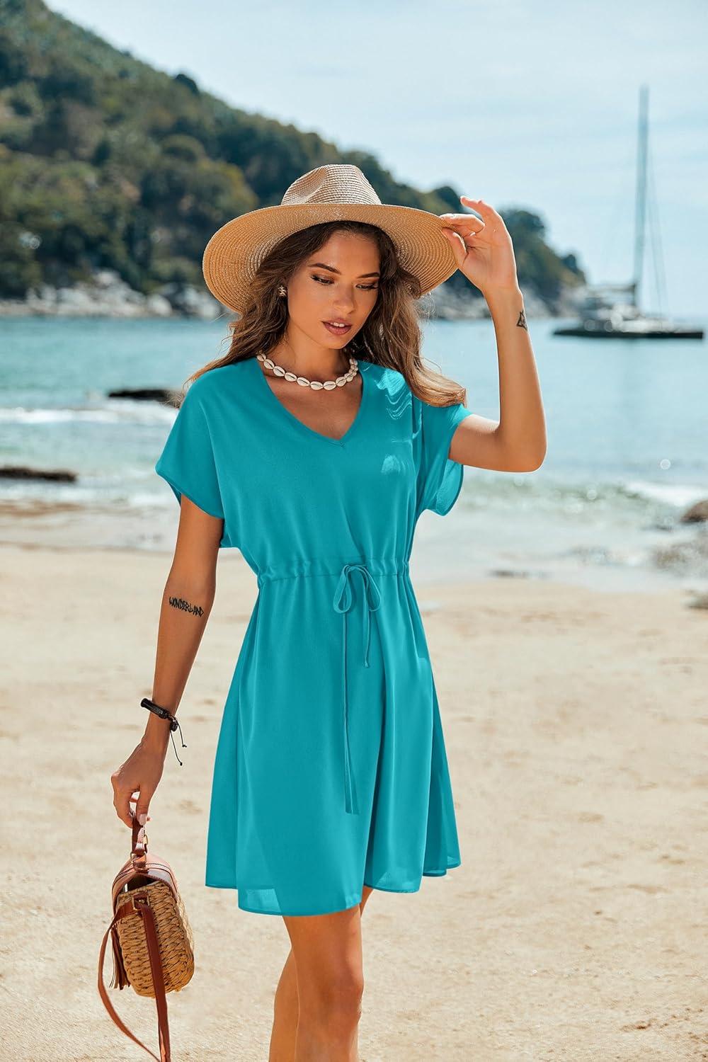 imageEkouaer Womens Cover Ups Casual Swimsuit Coverups Flowy Tie Waist Beach Cover Up DressPeacock Blue