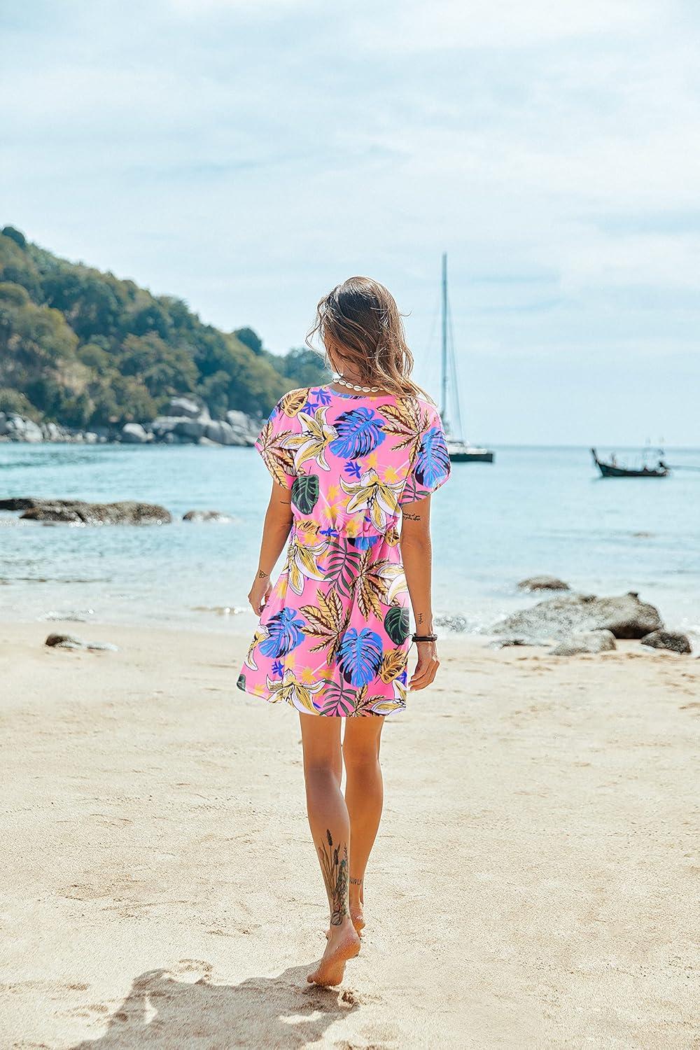 imageEkouaer Womens Cover Ups Casual Swimsuit Coverups Flowy Tie Waist Beach Cover Up DressPink Blue Leaf