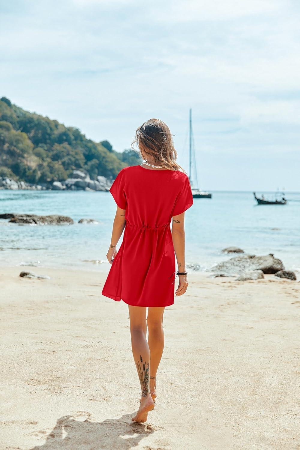 imageEkouaer Womens Cover Ups Casual Swimsuit Coverups Flowy Tie Waist Beach Cover Up DressRed