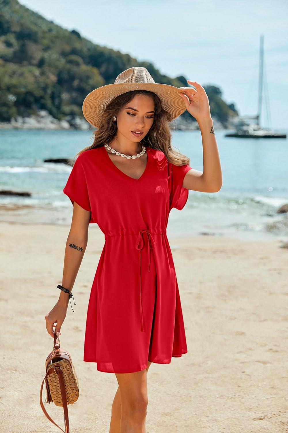 imageEkouaer Womens Cover Ups Casual Swimsuit Coverups Flowy Tie Waist Beach Cover Up DressRed