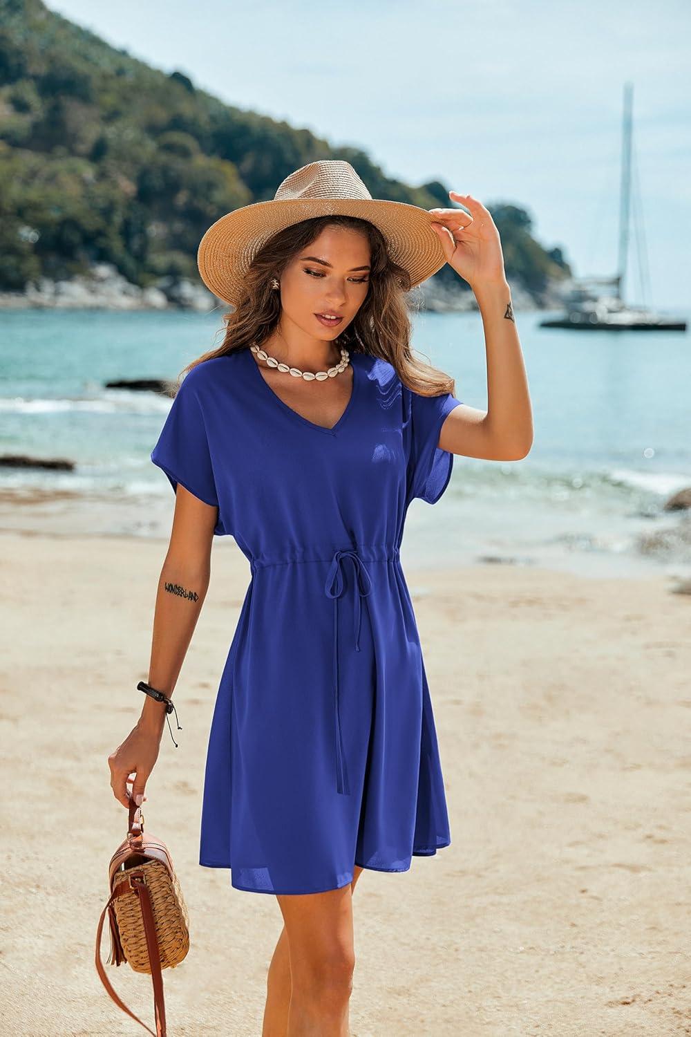 imageEkouaer Womens Cover Ups Casual Swimsuit Coverups Flowy Tie Waist Beach Cover Up DressSapphire Blue