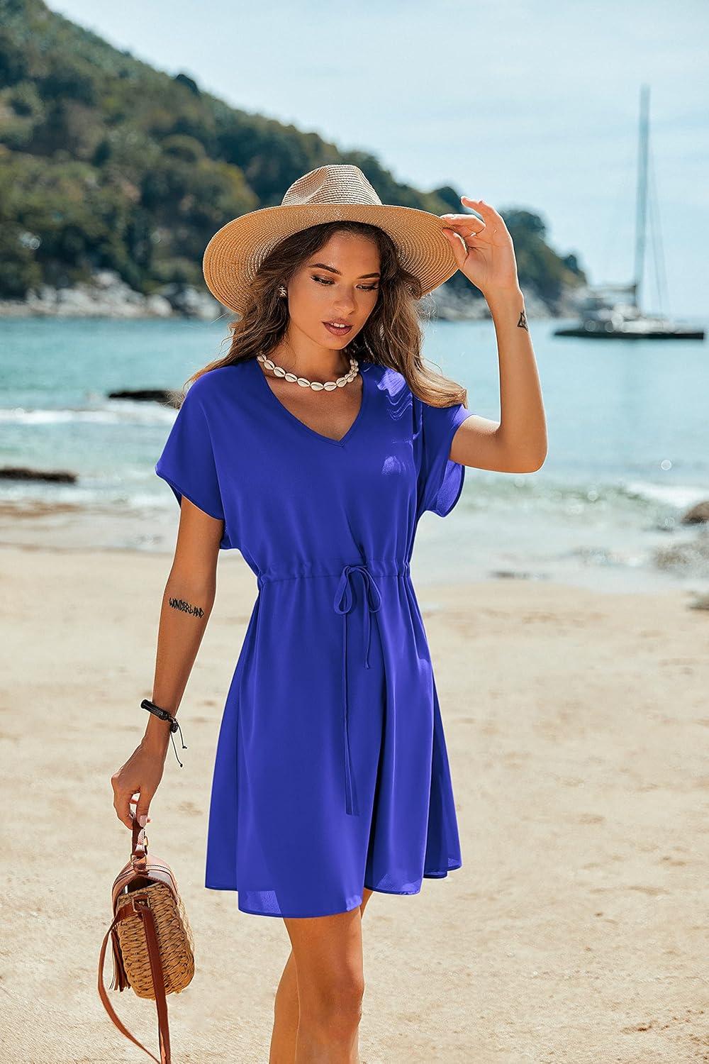 imageEkouaer Womens Cover Ups Casual Swimsuit Coverups Flowy Tie Waist Beach Cover Up DressSnorkel Blue