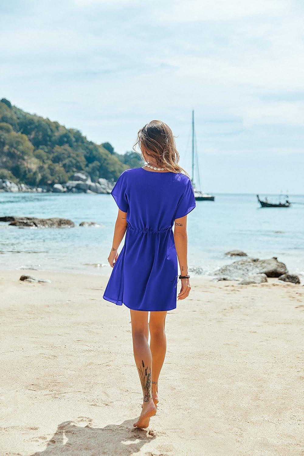 imageEkouaer Womens Cover Ups Casual Swimsuit Coverups Flowy Tie Waist Beach Cover Up DressSnorkel Blue