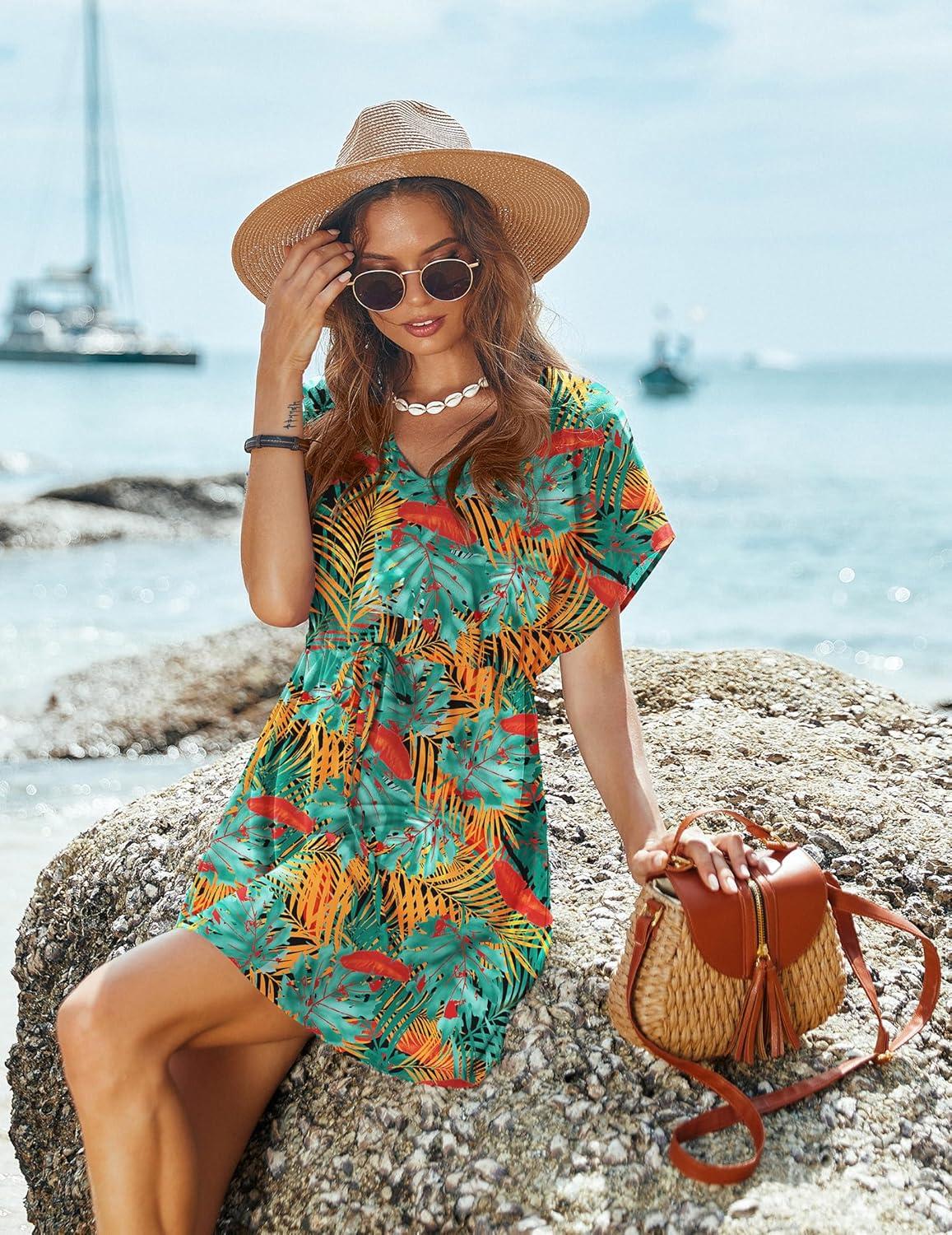 imageEkouaer Womens Cover Ups Casual Swimsuit Coverups Flowy Tie Waist Beach Cover Up DressTropical Print