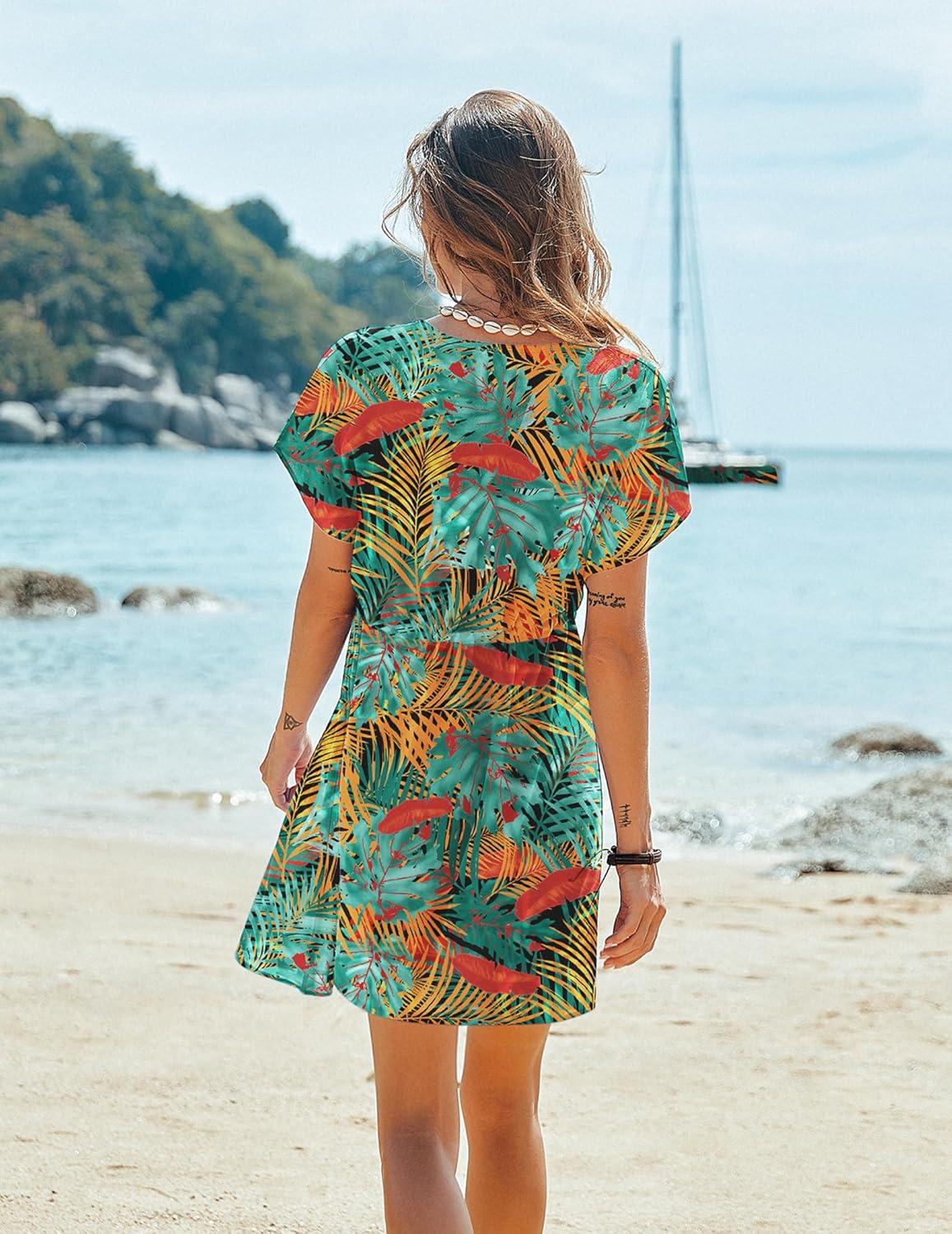 imageEkouaer Womens Cover Ups Casual Swimsuit Coverups Flowy Tie Waist Beach Cover Up DressTropical Print