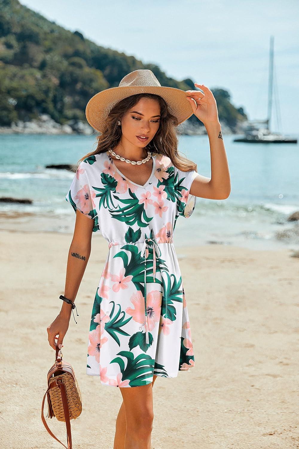 imageEkouaer Womens Cover Ups Casual Swimsuit Coverups Flowy Tie Waist Beach Cover Up DressWhite Pink Floral