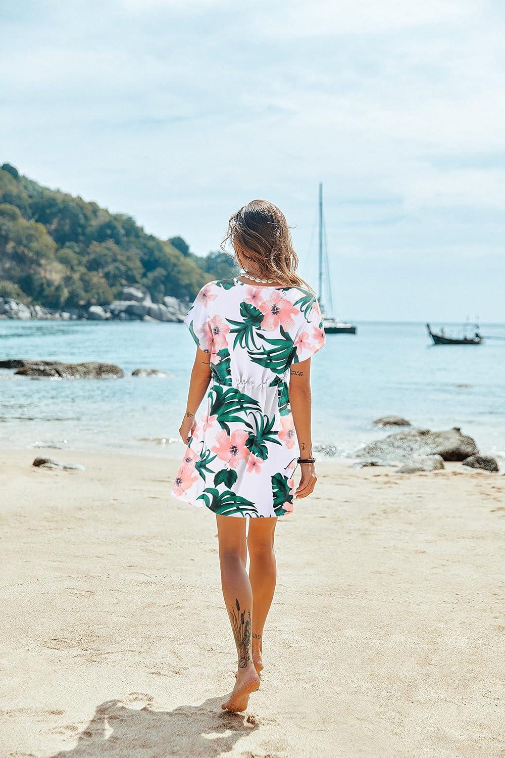 imageEkouaer Womens Cover Ups Casual Swimsuit Coverups Flowy Tie Waist Beach Cover Up DressWhite Pink Floral