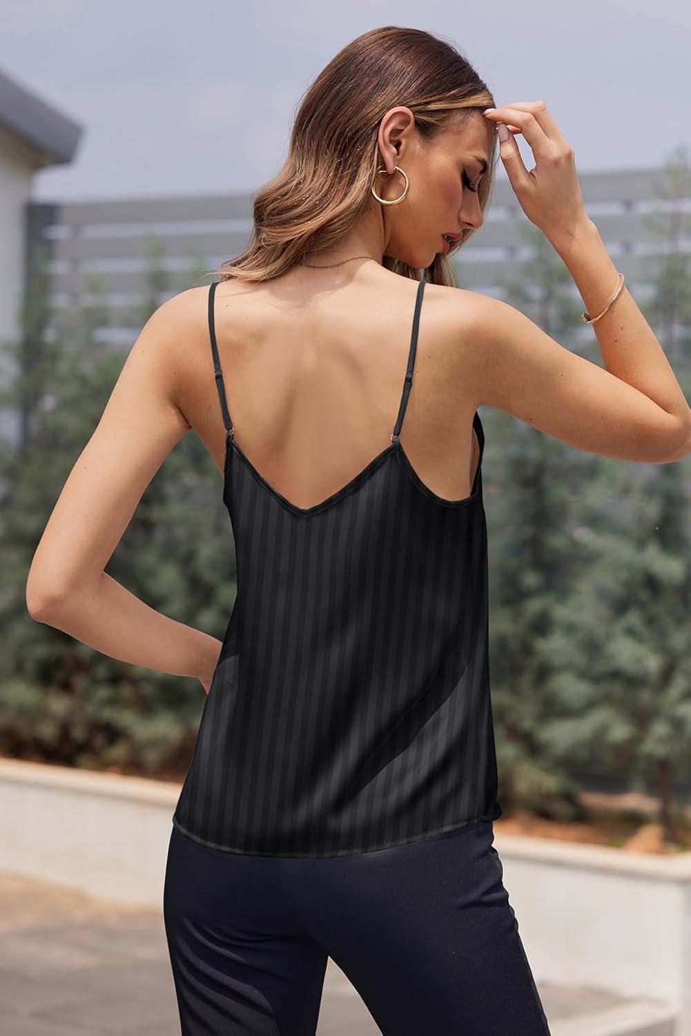 imageEkouaer Womens Lace Silk Satin Pajama Tank Tops V Neck Camisole Soft Spaghetti Strap Tops Loose Sleepwear S3XLBlack Stripes
