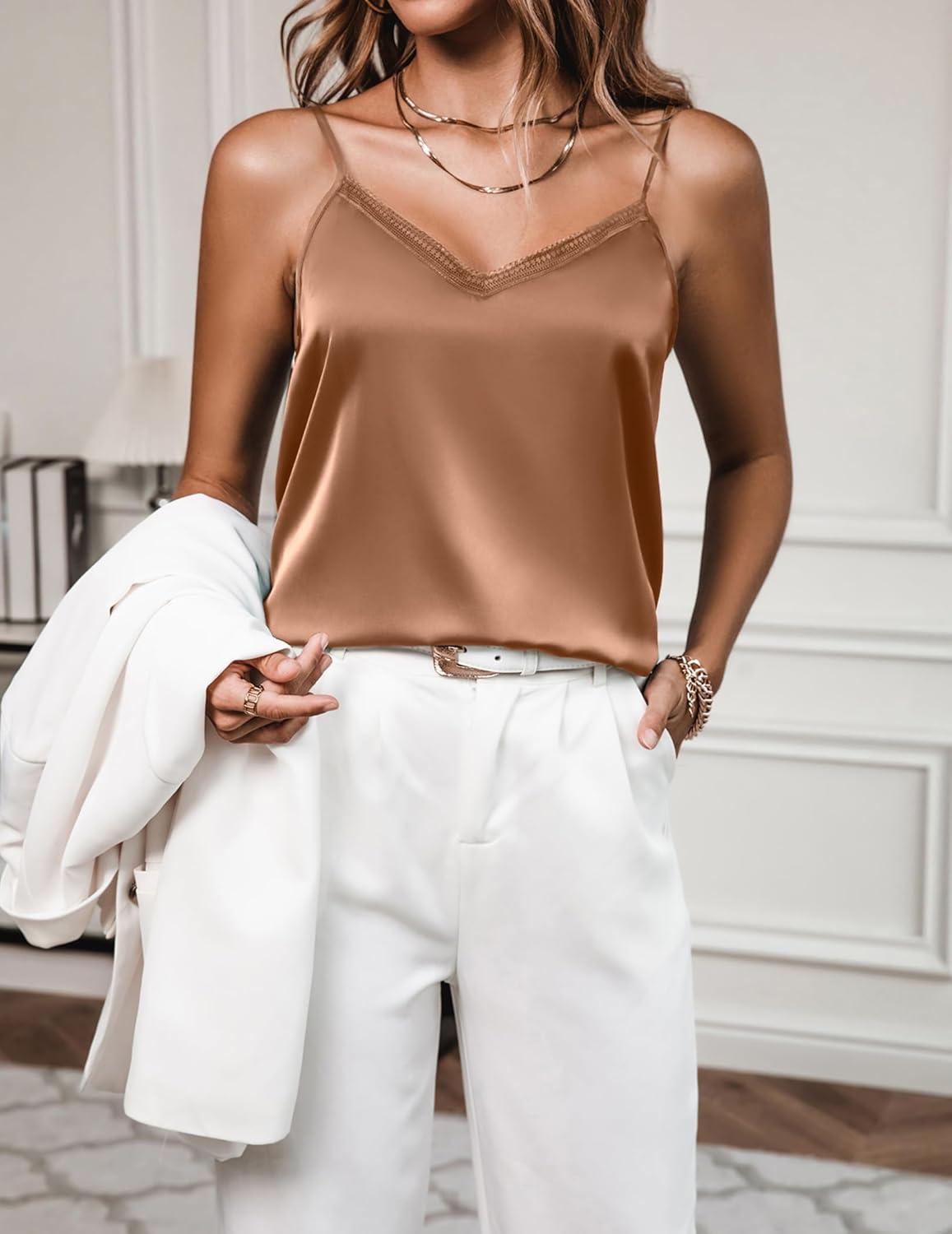 imageEkouaer Womens Lace Silk Satin Pajama Tank Tops V Neck Camisole Soft Spaghetti Strap Tops Loose Sleepwear S3XLDark Khaki