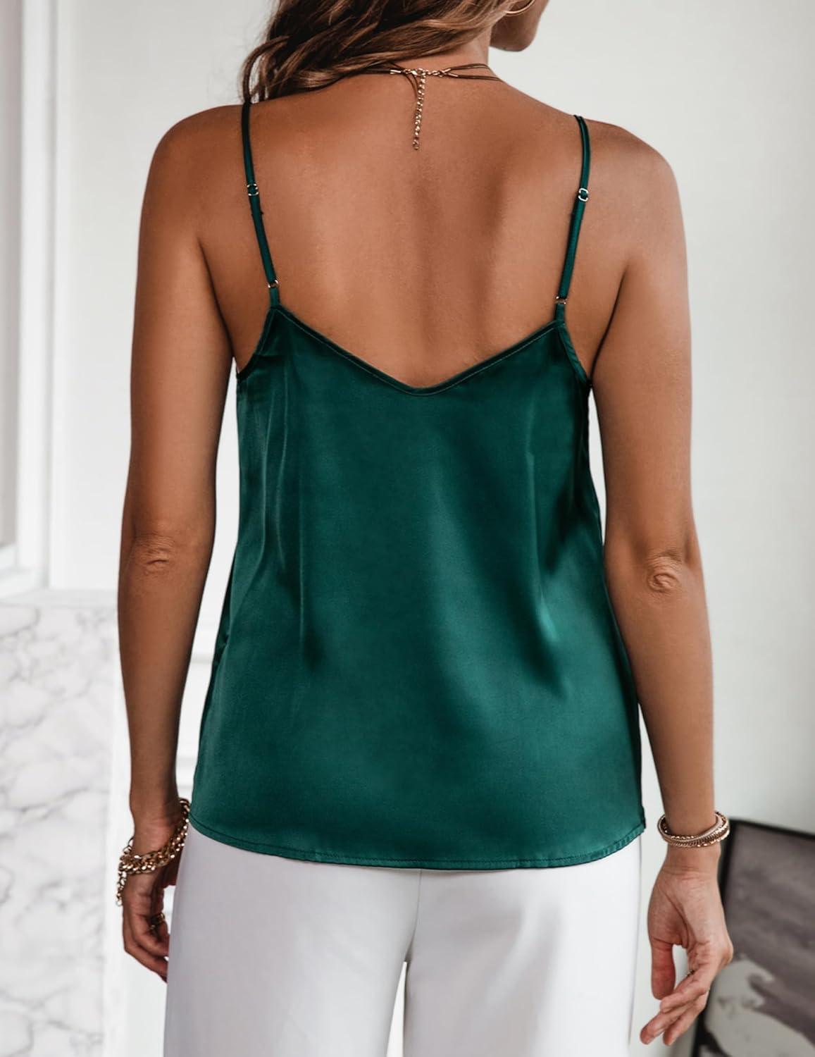 imageEkouaer Womens Lace Silk Satin Pajama Tank Tops V Neck Camisole Soft Spaghetti Strap Tops Loose Sleepwear S3XLLake Green