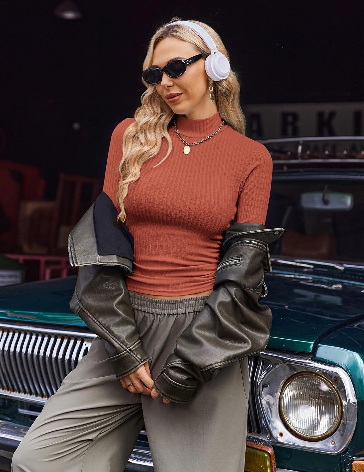 imageEkouaer Womens Mock Turtleneck Long Sleeve Shirts Ribbed Knit Lightweight Pullover Sweater Stretch Fitted Thermal TopCaramel