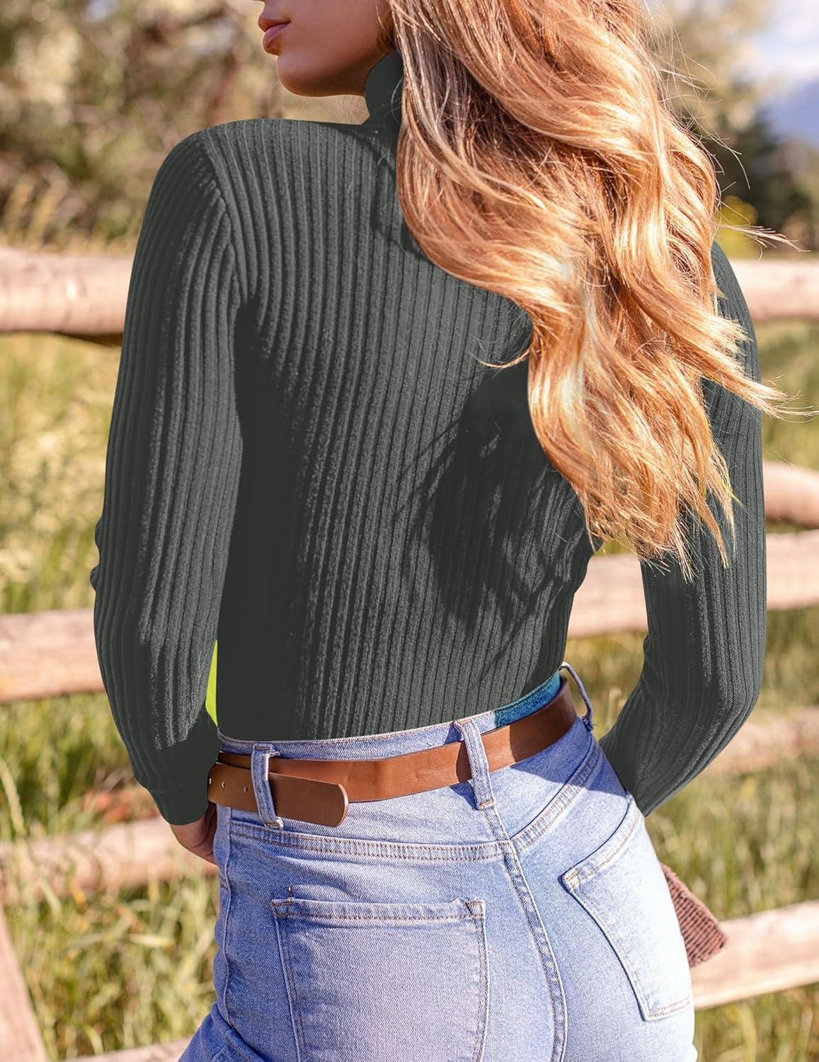 imageEkouaer Womens Mock Turtleneck Long Sleeve Shirts Ribbed Knit Lightweight Pullover Sweater Stretch Fitted Thermal TopDarkgrey