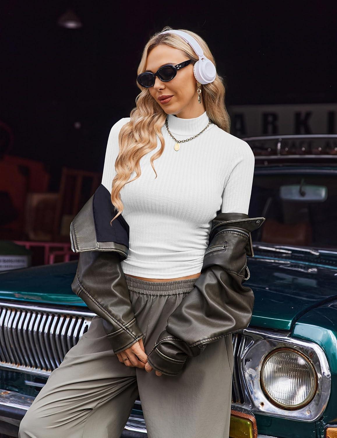 imageEkouaer Womens Mock Turtleneck Long Sleeve Shirts Ribbed Knit Lightweight Pullover Sweater Stretch Fitted Thermal TopWhite