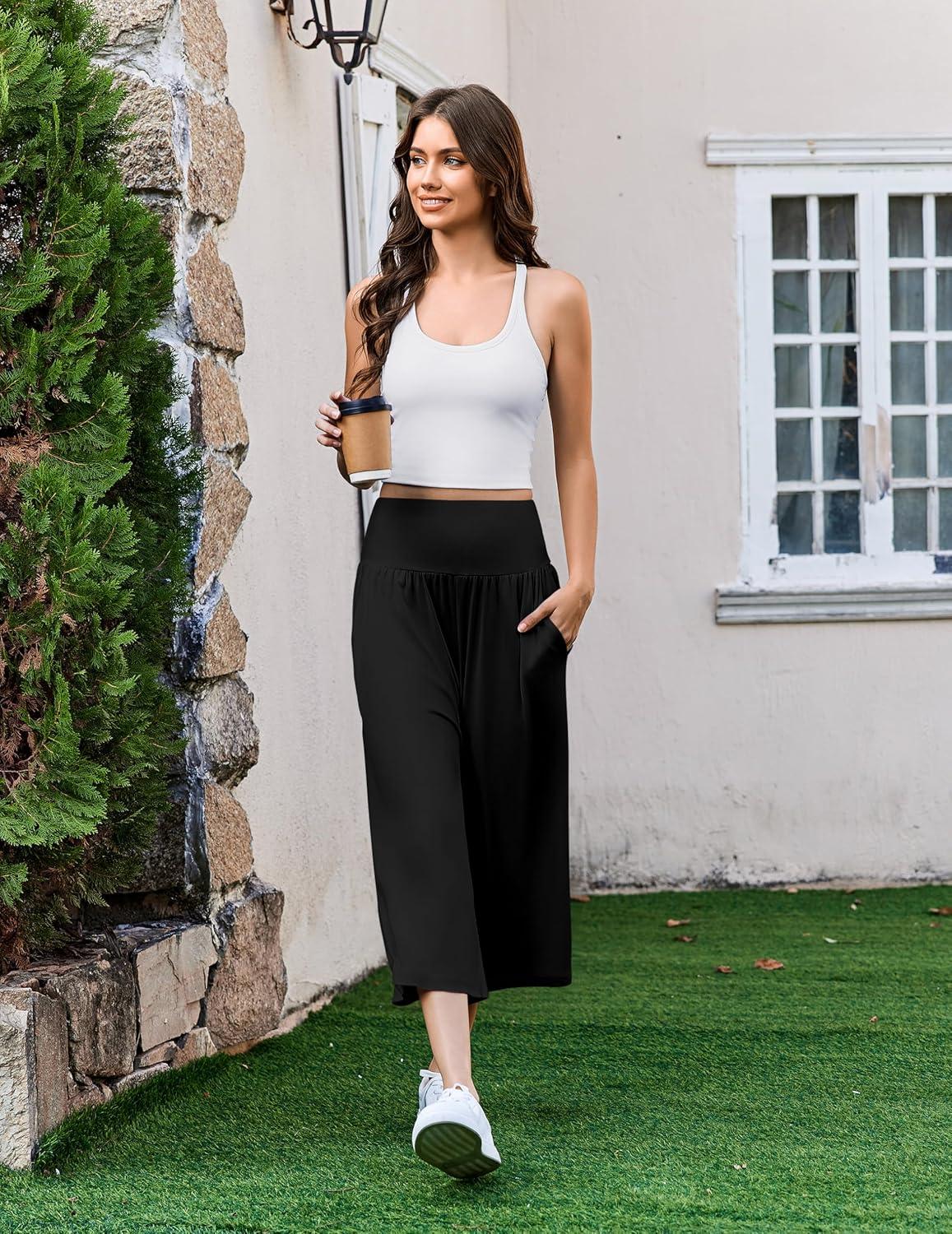 imageEkouaer Womens Pajama Pants Wide Leg Capri Yoga Pants Lounge Comfy Sleep Pj Bottoms with PocketsBlack