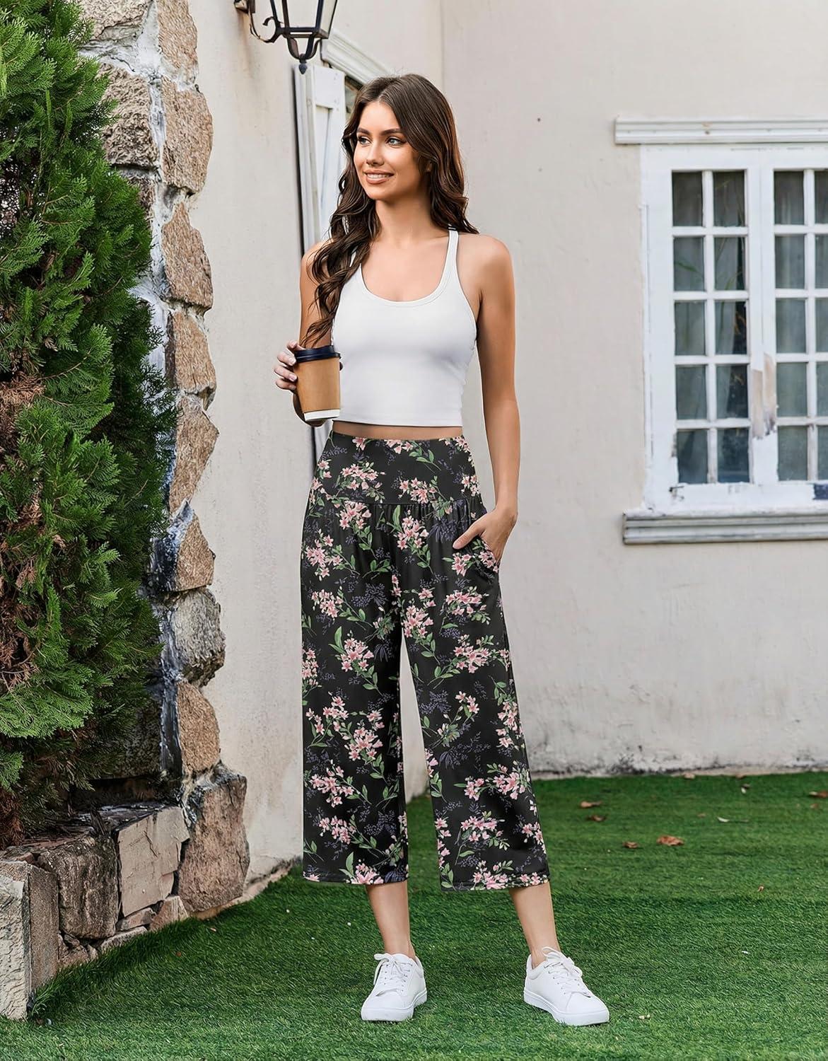imageEkouaer Womens Pajama Pants Wide Leg Capri Yoga Pants Lounge Comfy Sleep Pj Bottoms with PocketsBlack Flowers