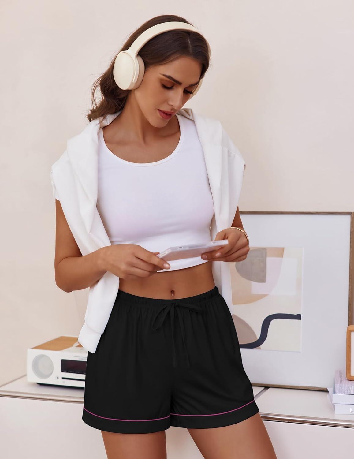 imageEkouaer Womens Pajama Shorts Casual Summer Sleep Shorts Cute Printed Lounge Pj Bottoms with Drawstring amp PocketsBlack